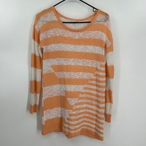 GB Womens Orange White Striped Open Knit Tunic Sweater Size M Long Sleeve Scoop
